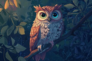 Poster - A Cute Owl Perched On A Branch At Dusk