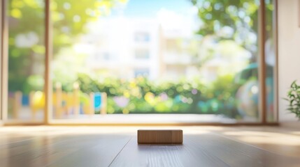 wooden block on floor, bright outdoor view.
