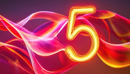Wall Mural - neon number five glowing with colorful light trails on dark background
