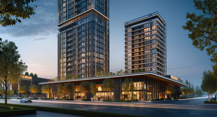 Aufkleber - The exterior front facade, showing two modern buildings with slightly different heights and shapes to create visual interest in an urban setting.