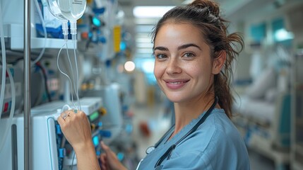 Poster - A nurse assistant standing in a clinical setting, wearing scrubs, smiling while attending to medical equipment, clean and bright hospital environment.