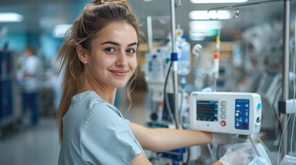 Poster - A nurse assistant standing in a clinical setting, wearing scrubs, smiling while attending to medical equipment, clean and bright hospital environment.