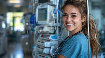 Poster - A nurse assistant standing in a clinical setting, wearing scrubs, smiling while attending to medical equipment, clean and bright hospital environment.