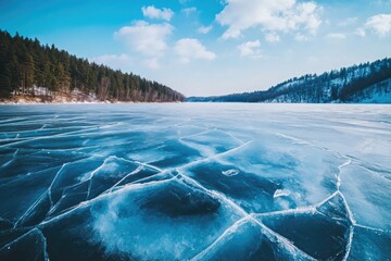 Poster - A frozen lake with a forest in the background