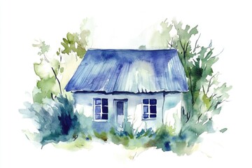 Poster - Watercolor illustration of a cozy house surrounded by trees, a peaceful woodland scene