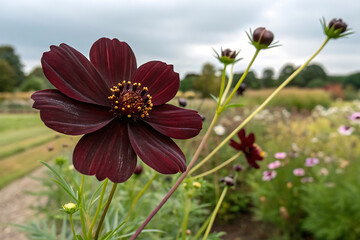 Chocolate cosmos flower in bloom: nature's dark beauty in a garden setting.