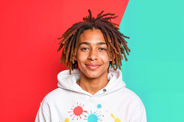 Confident teenage boy smiling in colorful hoodie, vibrant creativity. Bright and modern style portrait