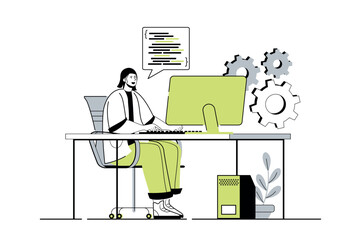 Fototapete - Programmer working web concept with flat cartoon people for website design. Man working with codeat computer, creating software and programming, testing and settings new product. Vector illustration.