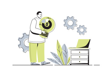 Poster - Business idea web concept with flat cartoon people for website design. Man generates new ideas and financial solutions, developing success strategy for new startup and projects. Vector illustration.