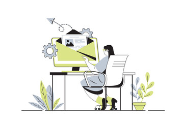 Poster - Email service web concept with flat cartoon people for website design. Woman chatting online with electronic letters, receiving and sending mails, getting notification to mailbox. Vector illustration.