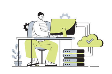 Leinwandbilder - SaaS web concept with flat cartoon people for website design. Man using software as service and paying for online subscription to programs, working with cloud storage platform. Vector illustration.