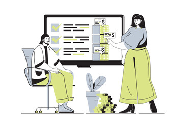 Wall Mural - real estate web concept with flat cartoon people for website design. man and woman choosing new apar