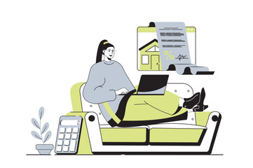 Poster - Mortgage web concept with flat cartoon people for website design. Woman getting mortgage online, using financial insurance, signing agreement contract with bank to buy new house. Vector illustration.