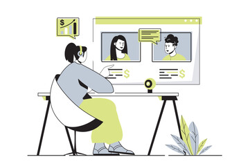 Aufkleber - Video business conference web concept with flat cartoon people for website design. Colleagues discussing work tasks in group chat, coworkers communicating at online meeting. Vector illustration.