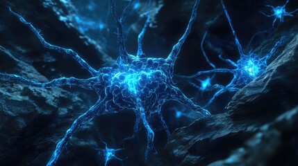 Wall Mural - a close-up view of glowing neural cells in a dark, abstract environment.