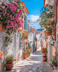 Sticker - Sunny street with colorful houses, flowers, and plants.