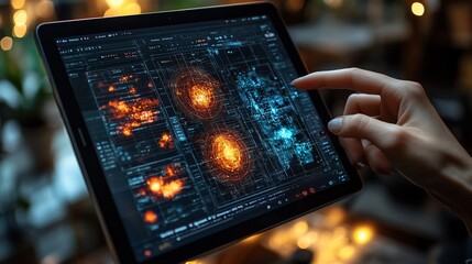 Woman using tablet displaying digital data visualization