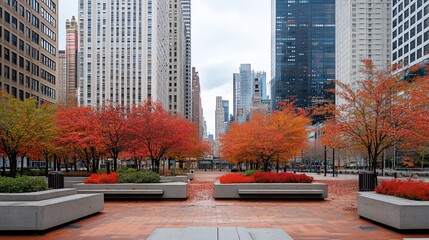 Wall Mural - autumnal cityscape with vibrant red trees lining a paved plaza between skyscrapers.