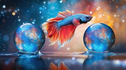 Wall Mural - A vibrant betta fish leaps between two cosmic spheres, creating a surreal, dreamy scene.