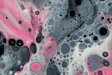 Wall Mural - Abstract fluid art, with light pink and dark gray colors, features swirls of thick paint and bubbles in the liquid.
