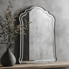 A large, ornate silver-framed mirror with an irregular shape and flared edges hanging on the wall of a modern home interior. The mirror is above a table with a vase of flowers.