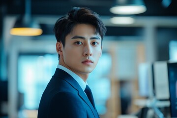 Side view of serious young Asian male manager in formal suit looking at camera while standing near table with computers in contemporary coworking, Generative AI