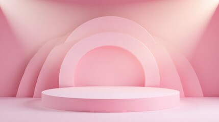 Wall Mural - A minimalist pink stage setup with curved backdrops, ideal for presentations or events.