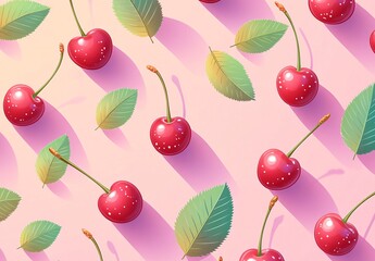 Wall Mural - Delicious Red Cherries and Leaves Pattern on Pink Background