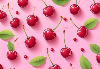 Wall Mural - Pink Background Sweet Cherries Seamless Pattern Illustration