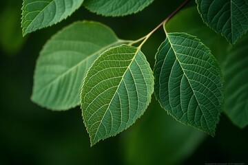 Sticker - Close-up of three vibrant green leaves on a branch with detailed vein patterns against a blurred green background.