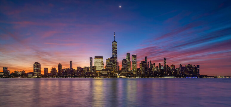 New York City downtown skyline at sunset - beautiful cityscape