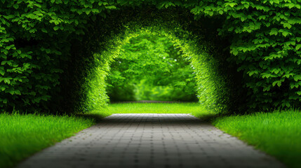 serene tree tunnel in lush green city park, inviting exploration and tranquility