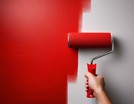 Painting the wall with red using a paint roller 