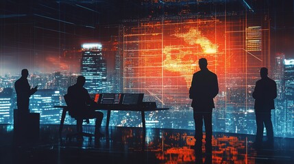 Canvas Print - Silhouetted businessmen in a futuristic cityscape office, analyzing data on a large screen.