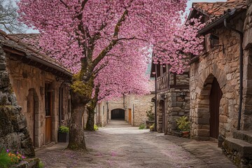 Poster - Pink cherry blossoms frame a charming stone street in a quaint village.