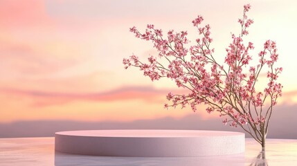 Wall Mural - A serene setting featuring a pink podium and delicate cherry blossoms against a pastel sky.