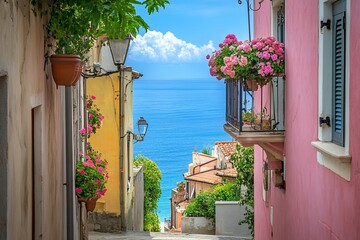 Poster - Colorful coastal alleyway with ocean view, flowers, and buildings.