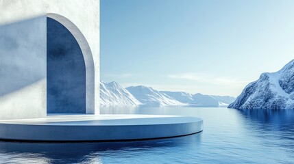 Wall Mural - A serene, minimalist setting with a circular platform by tranquil water and snow-capped mountains.