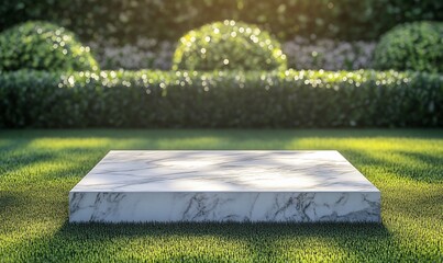 Wall Mural - Marble pedestal on grassy lawn with blurred garden background.