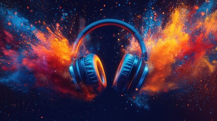 Wall Mural - Vibrant headphones engulfed in a colorful powder explosion.