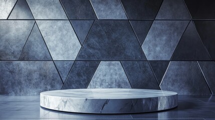 Wall Mural - A minimalistic presentation space with a geometric wall and circular platform.