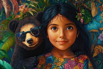 Canvas Print - Girl and Spectacled Bear Amidst Lush Tropical Foliage