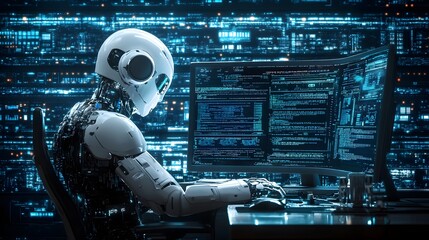 A humanoid robot codes at a computer terminal