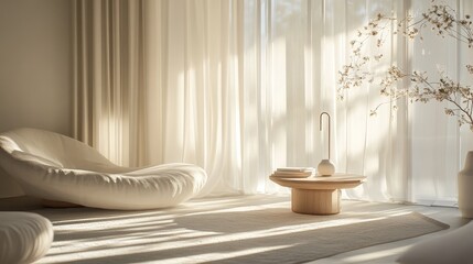 Wall Mural - A serene, minimalist living space with natural light and soft furnishings.