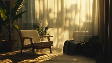 Wall Mural - A serene interior with a chair, plants, and soft sunlight filtering through curtains.