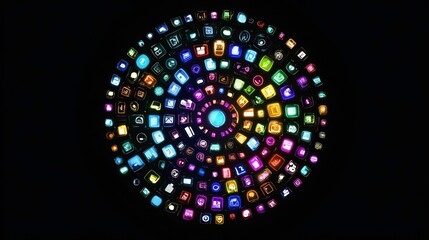Colorful app icons arranged in a circular pattern on a black background.