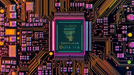 Close-up of a circuit board with a central processor displaying a stylized tree.