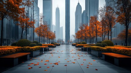 Canvas Print - Autumnal city park with scattered leaves, orange trees, and modern skyscrapers in the background.