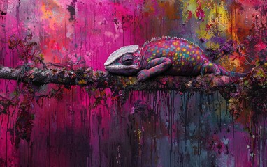 Wall Mural - Colorful chameleon resting on a branch against a vibrant abstract background in an artistic setting