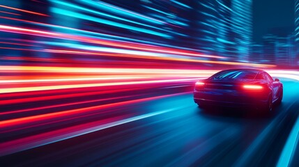 Wall Mural - A sleek car speeds through a neon-lit cityscape, showcasing motion and modernity.